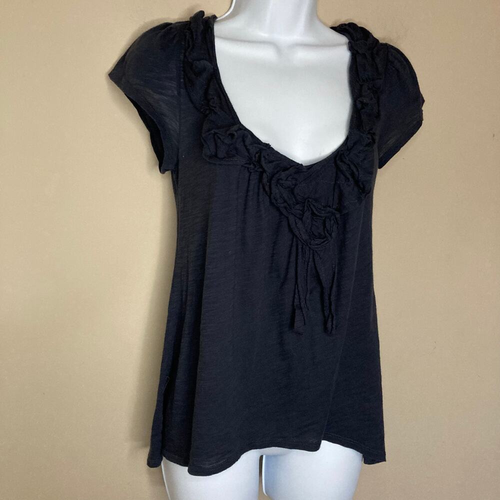 Anthropologie Blue Cotton Top With Floral Applique Neckline Pinktucks Size Small - Picture 9 of 16